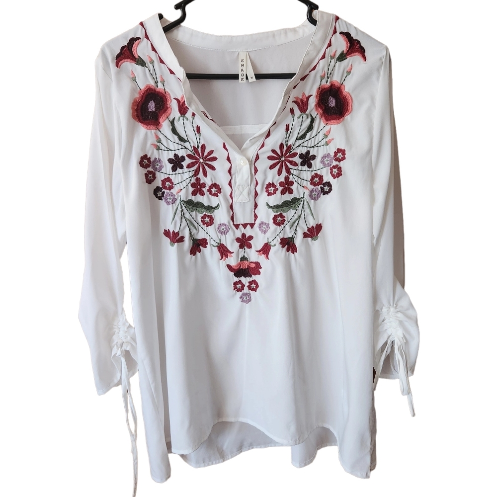Roper Embroidered Western Floral Long Sleeve Blouse, Rodeo White Size M